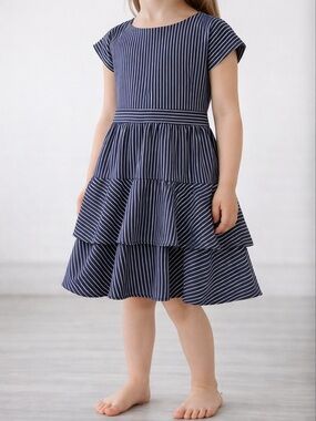Habitual Girls 4/5 Navy and White Pinstripe Tiered Ruffle Dress